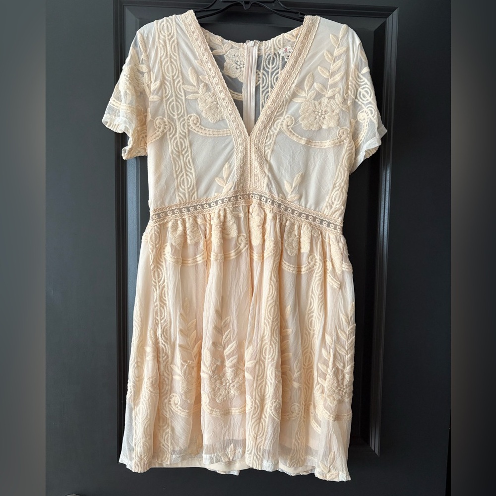 Cream Embroidered V-Neck Women’s Dress